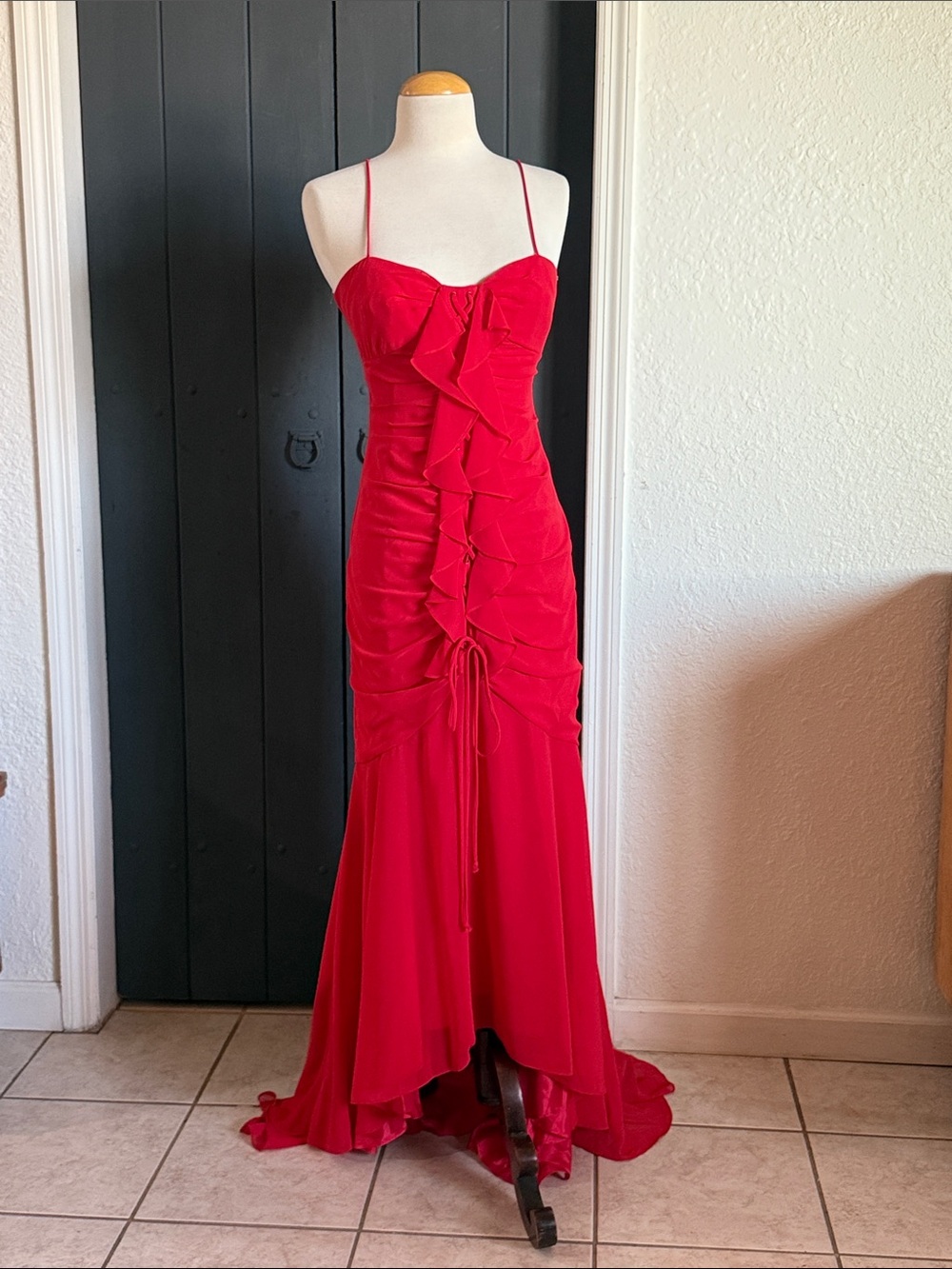 Faviana Red Ruffled Spaghetti-Strap Gown